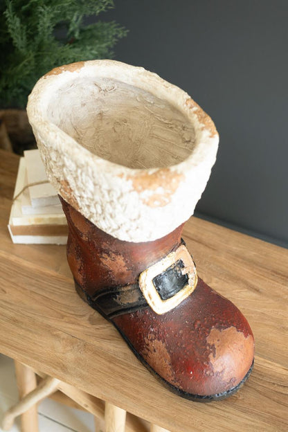 Faux Concrete Santa Boot, A large faux concrete Santa boot with an open top.