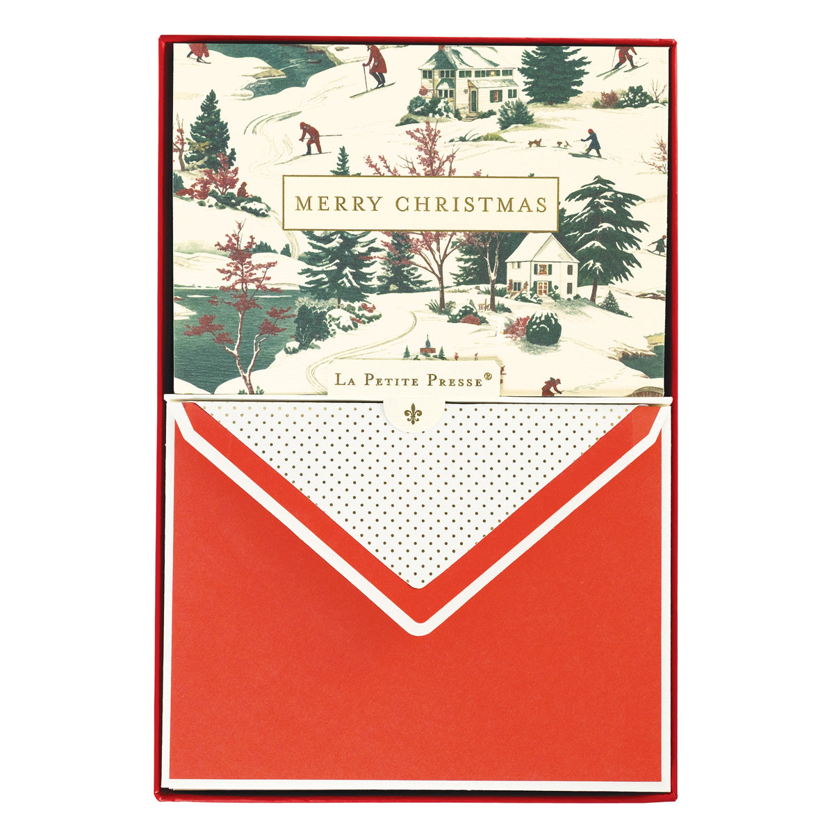La Petite Noel Scene Holiday Boxed Correspondence Notes, A boxed Christmas correspondence card with a vintage winter village toile scene and Merry Christmas in a gold foil box.
