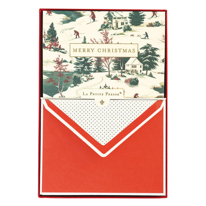 La Petite Noel Scene Holiday Boxed Correspondence Notes, A boxed Christmas correspondence card with a vintage winter village toile scene and Merry Christmas in a gold foil box.