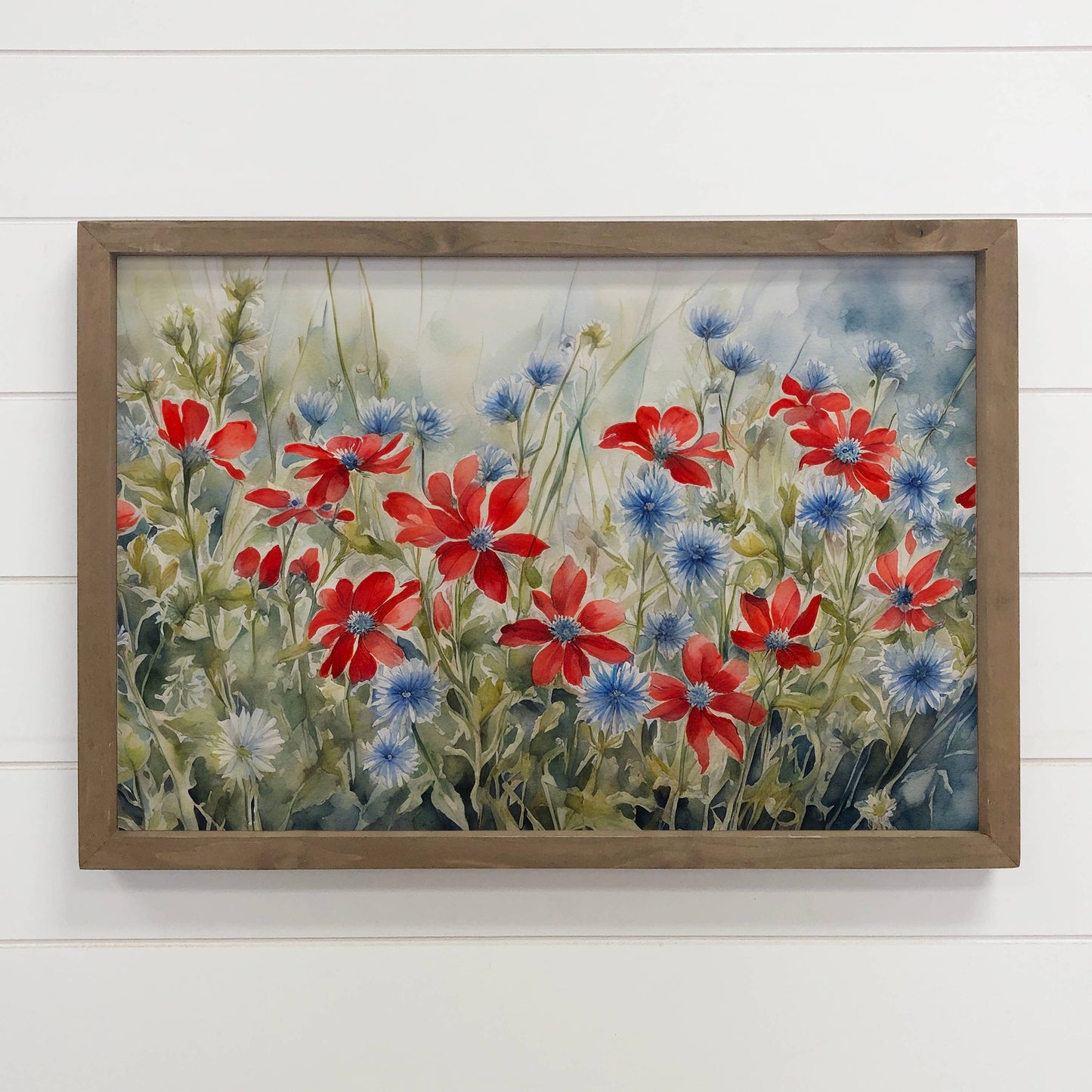 Flores rojas, blancas y azules - Arte floral en lienzo - Arte con marco de madera