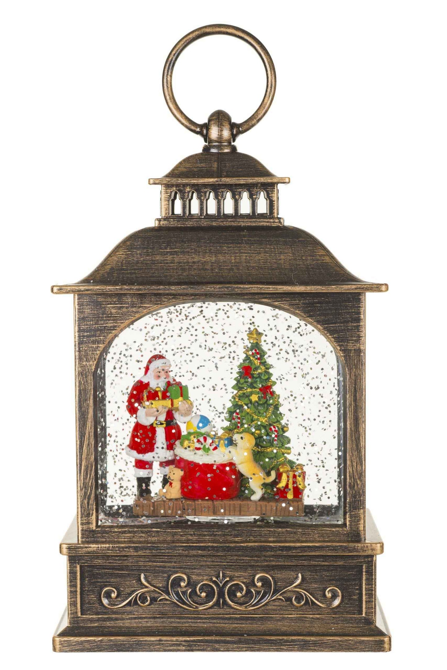 NEW- Brown Lantern Snow Globe with Santa's little helper