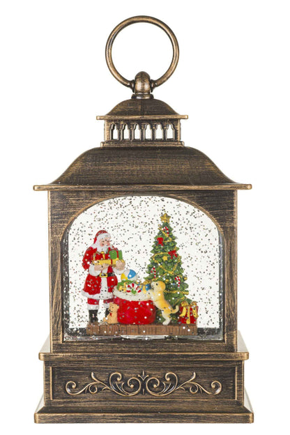 NEW- Brown Lantern Snow Globe with Santa's little helper