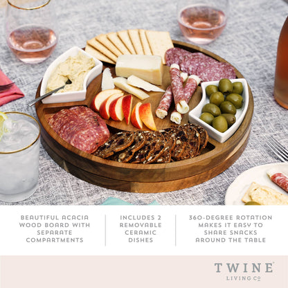 13 inch Rotating Acacia Charcuterie Board w 2 Ceramic Bowls