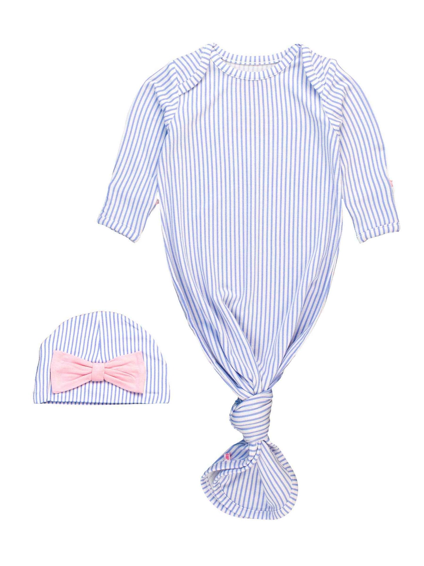 SoftSnooze™ Baby Girls Bamboo Viscose Periwinkle & White Micro Stripe Ruffle Knotted Sleep Gown & Bow Hat Set: Blue / Newborn-3m