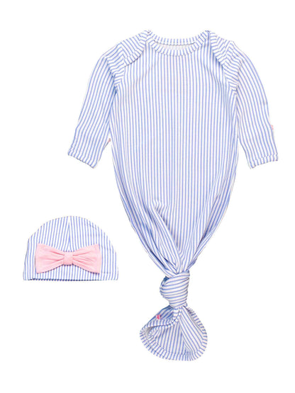 SoftSnooze™ Baby Girls Bamboo Viscose Periwinkle & White Micro Stripe Ruffle Knotted Sleep Gown & Bow Hat Set: Blue / Newborn-3m