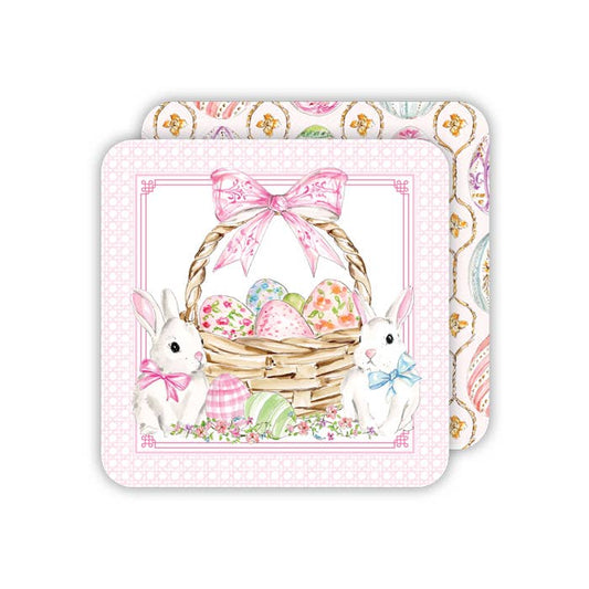 Easter Bunnies and Basket with Pink Bow and Eggs Coasters -RosanneBeck Collections