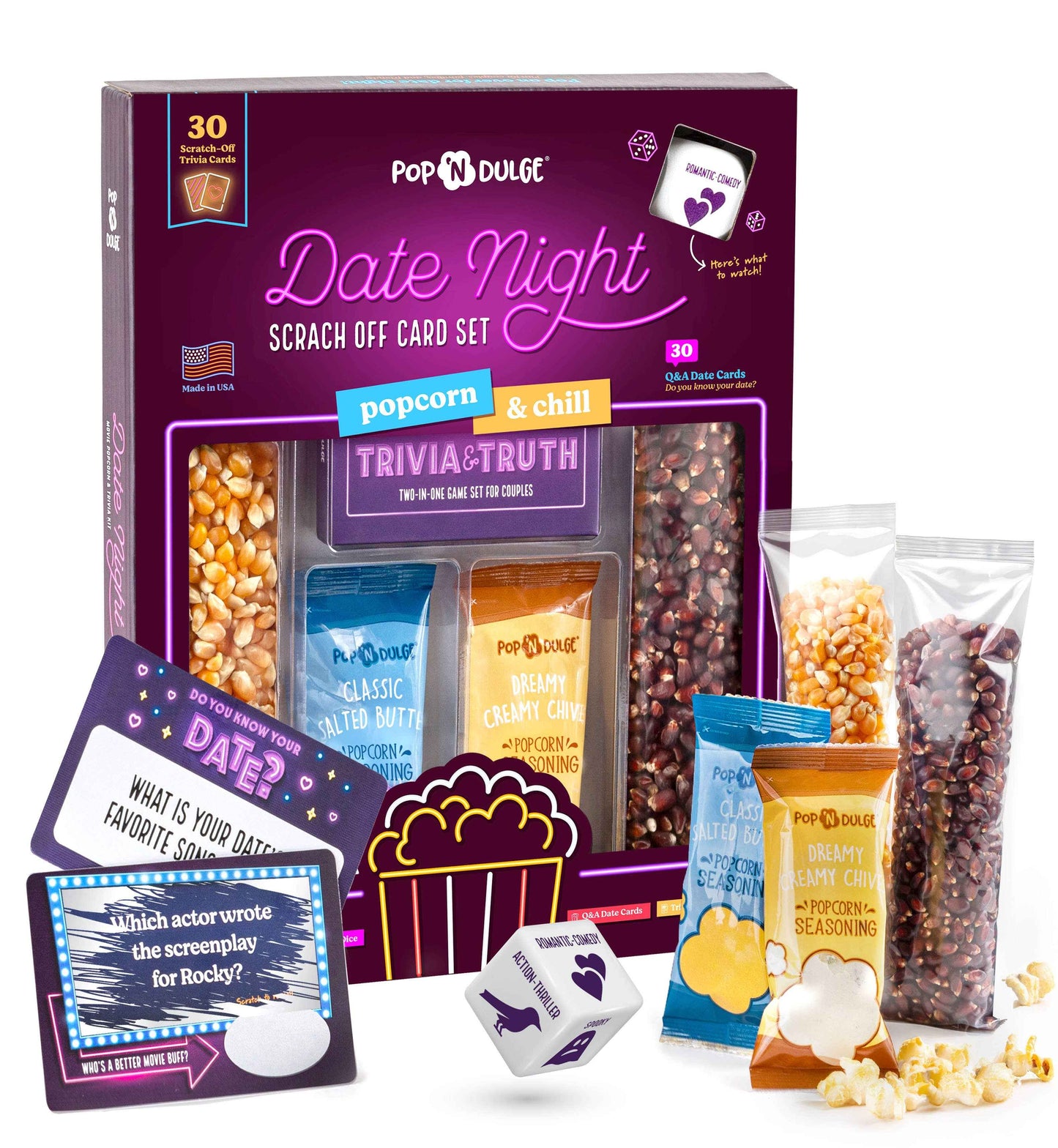 Date Night Scratch-Off Cards Movie Trivia Popcorn Gift Set - Ultimate Couple Games for Date Night at Home