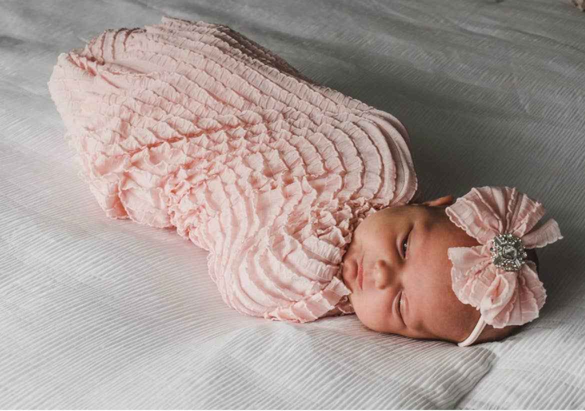 Ruffled Swaddle and Pearl Mini Headband Set