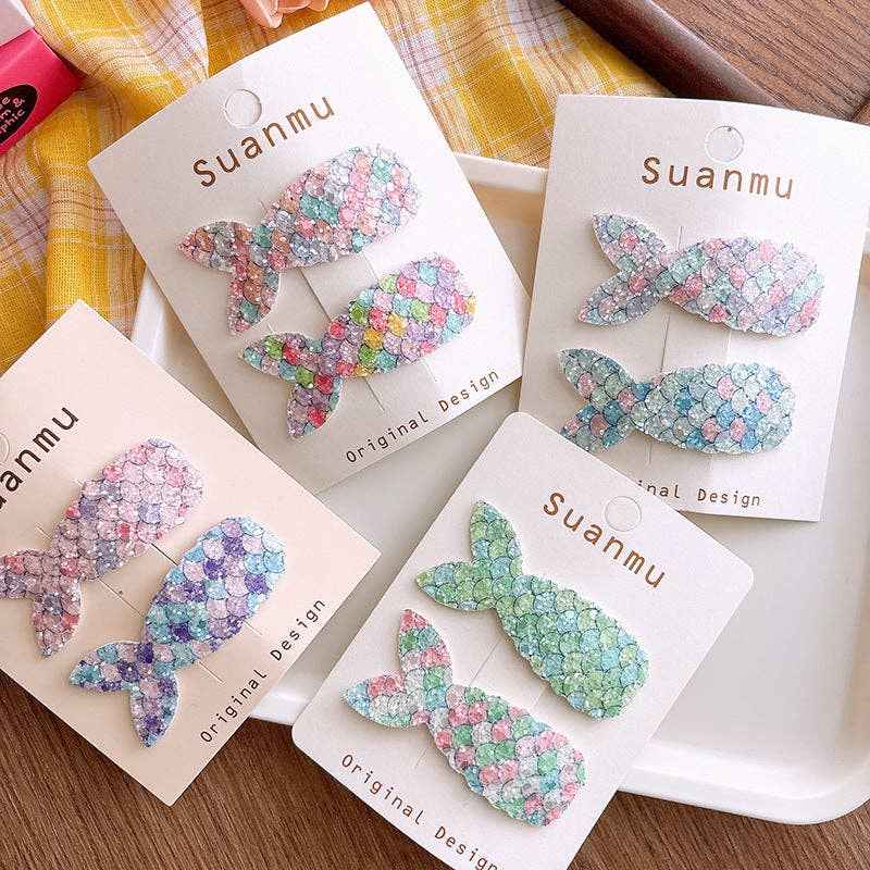 Colorful Glitter Mermaid Tail Kids Hair Clips Sweet Cute BB Clips: 3-Rainbow Set