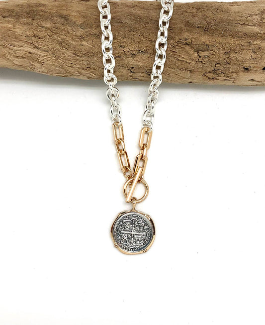 Necklace Alloy Plated Silver Link Chain w/Coin Drop 18”