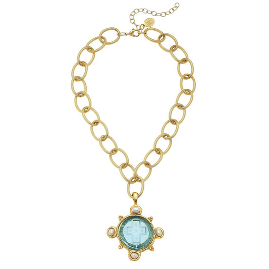 Susan Shaw - Aqua Venetian Glass Cross & Freshwater Pearls Necklace
