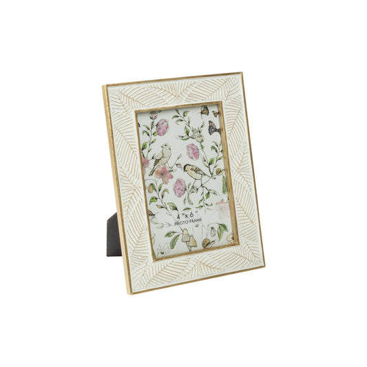 Embossed leaf resin frame,white,gold, 4x6 in
