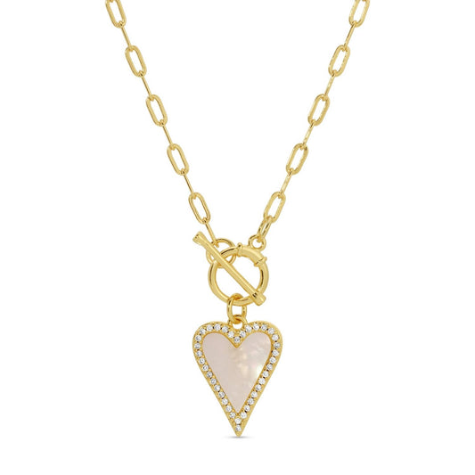 Mother Of Pearl Pave Heart Toggle Necklace
