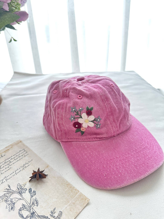 White Flower Embroidered Pink Baseball Cap