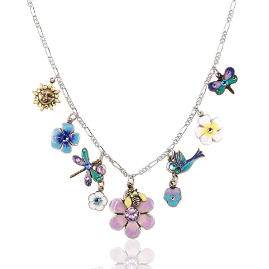 Sunshine Bird & Bees Dragonfly Floral Crystal Charm Necklace