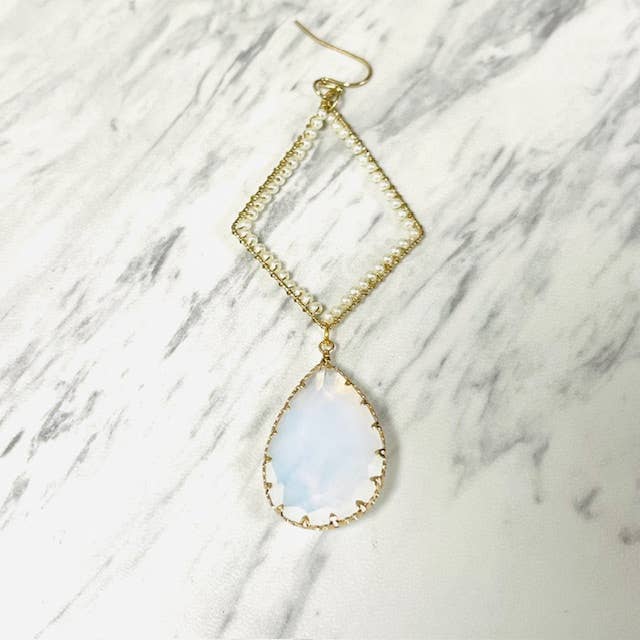 Anita K By Blushing Pink - Wire Wrapped Pearl Triangle with Opal Teardrop Earring