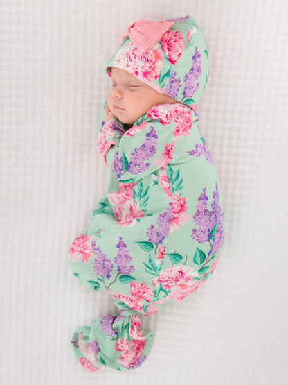SoftSnooze™ Baby Girls Bamboo Viscose Sage Garden Ruffle Knotted Sleep Gown & Bow Hat Set: Green / Newborn-3m