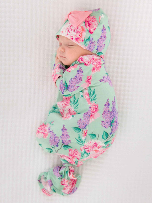 SoftSnooze™ Baby Girls Bamboo Viscose Sage Garden Ruffle Knotted Sleep Gown & Bow Hat Set: Green / Newborn-3m
