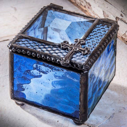 Blue Stained Glass Rosary Box With Cross
