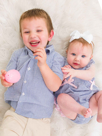 Baby Girls Blue Seersucker Classic Ruffle Bubble Romper: Blue / 0-3m