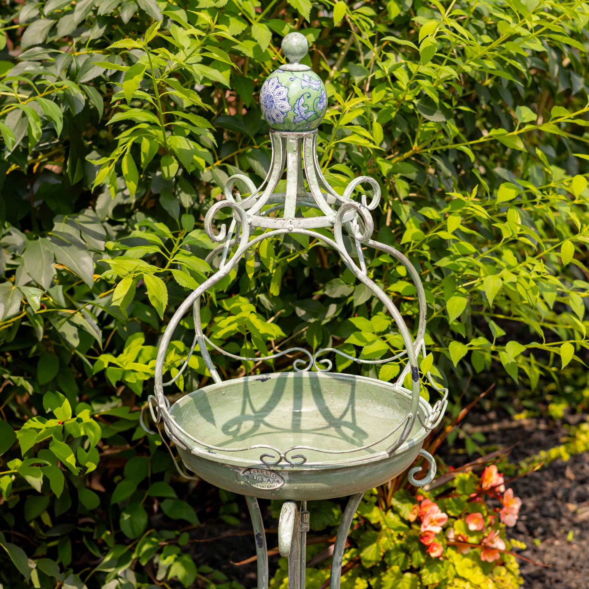 45" Tall Iron Birdbath with Ceramic Sailor Ball Accent: Green