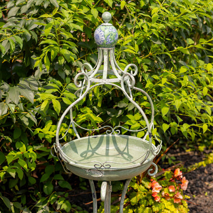 45" Tall Iron Birdbath with Ceramic Sailor Ball Accent: Green