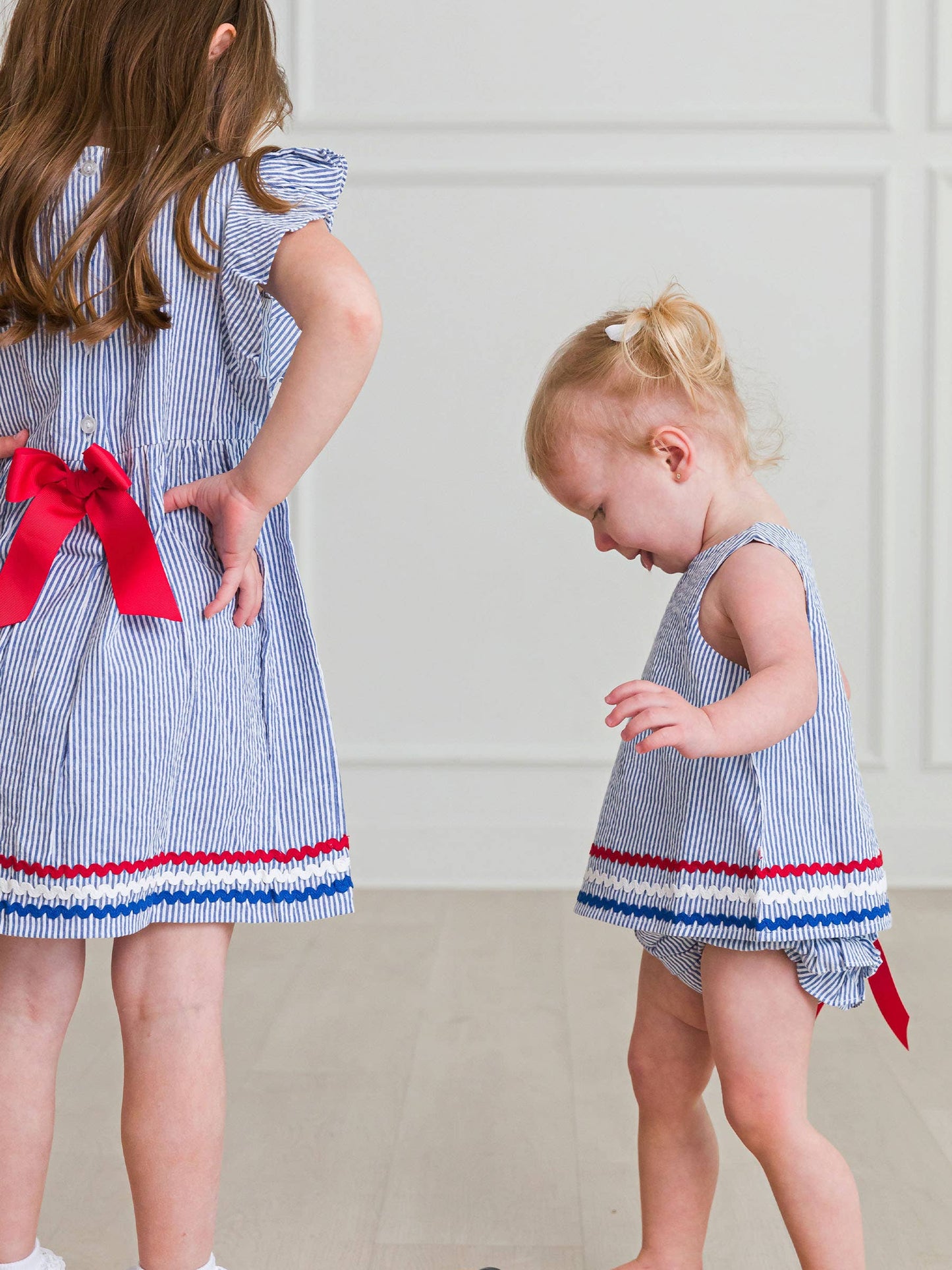 Americana Classic Blue Seersucker Ric Rac Swing Top & Bloomer Set