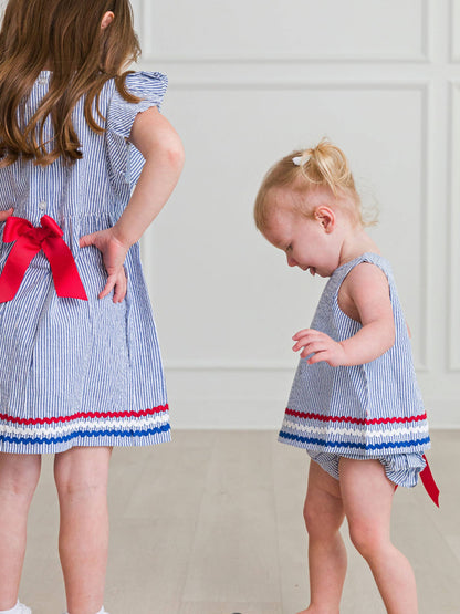 Americana Classic Blue Seersucker Ric Rac Swing Top & Bloomer Set