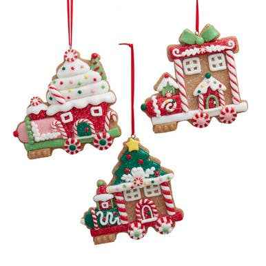 A gingerbread train car ornament with iced windows, a candy cane door and peppermint candy wheels.