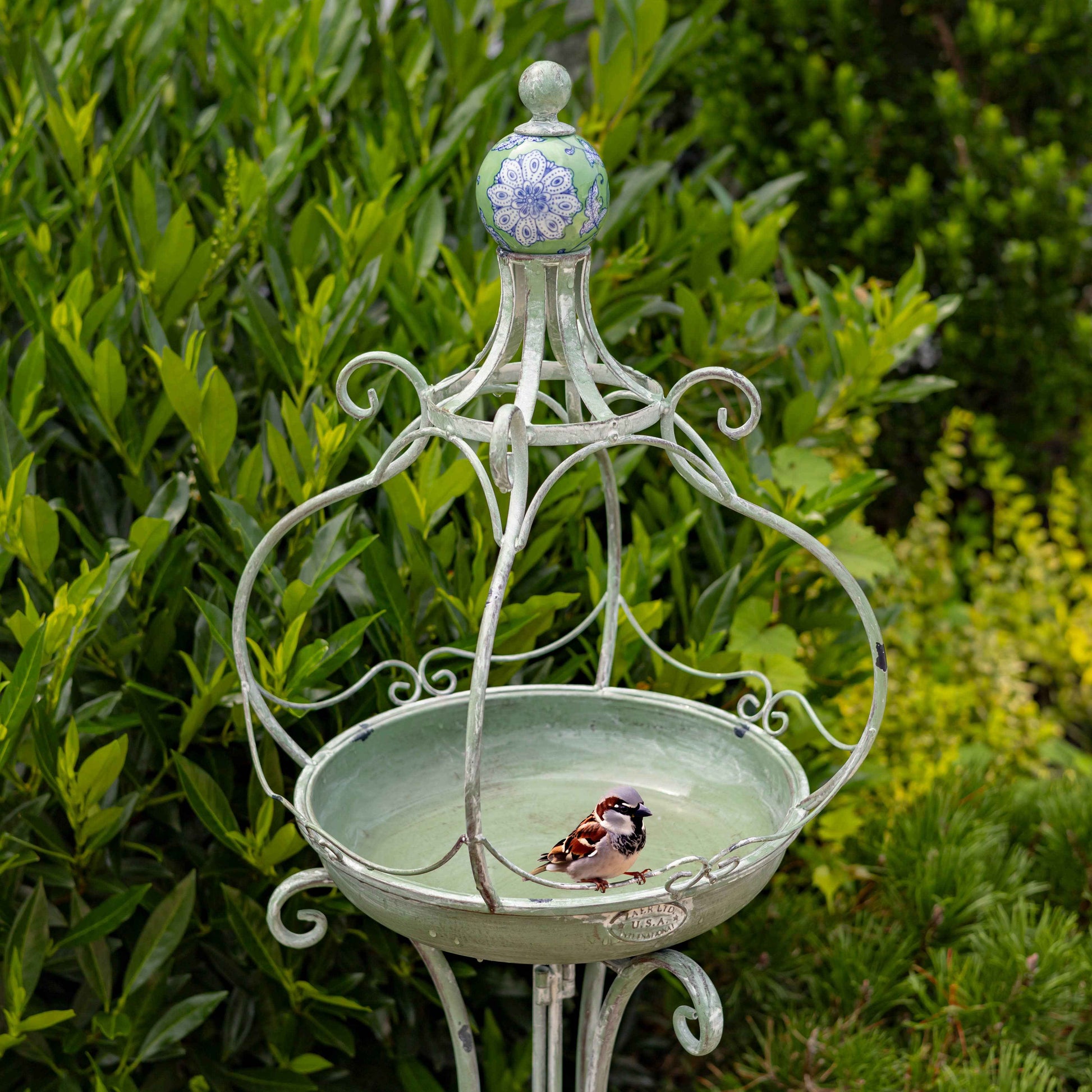 45" Tall Iron Birdbath with Ceramic Sailor Ball Accent: Green