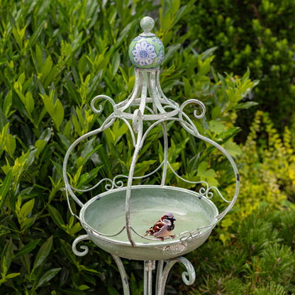 45" Tall Iron Birdbath with Ceramic Sailor Ball Accent: Green
