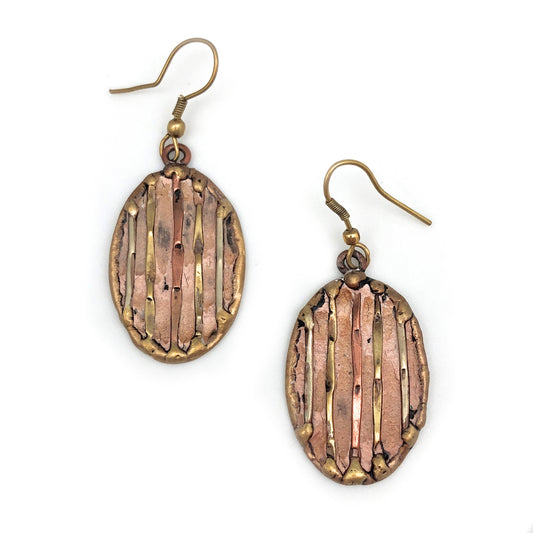 Brass Patina Earrings - Pink Horizontal Lines