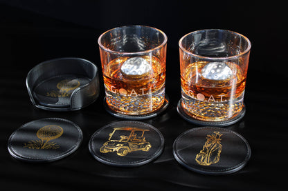 Coaster Set GOLF, NEW Premium Black with Gold Designs