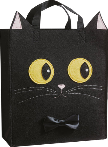 Felt Trick-or-Treat Bag, A black felt tote bag shaped like a cat face with pointed pink-lined ears, large yellow eyes, stitched whiskers, a black bow tie and black handles.