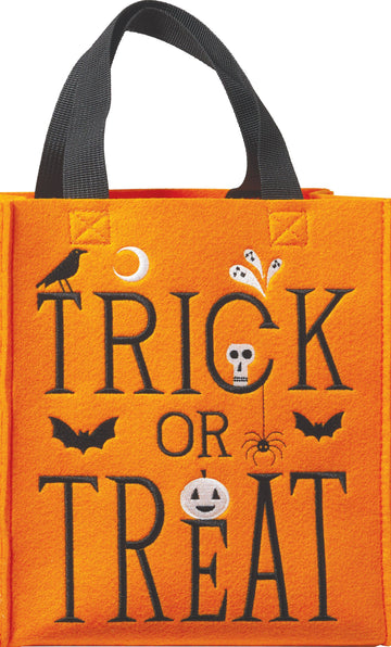 Felt Trick-or-Treat Bag, A black felt tote bag shaped like a cat face with pointed pink-lined ears, large yellow eyes, stitched whiskers, a black bow tie and black handles.