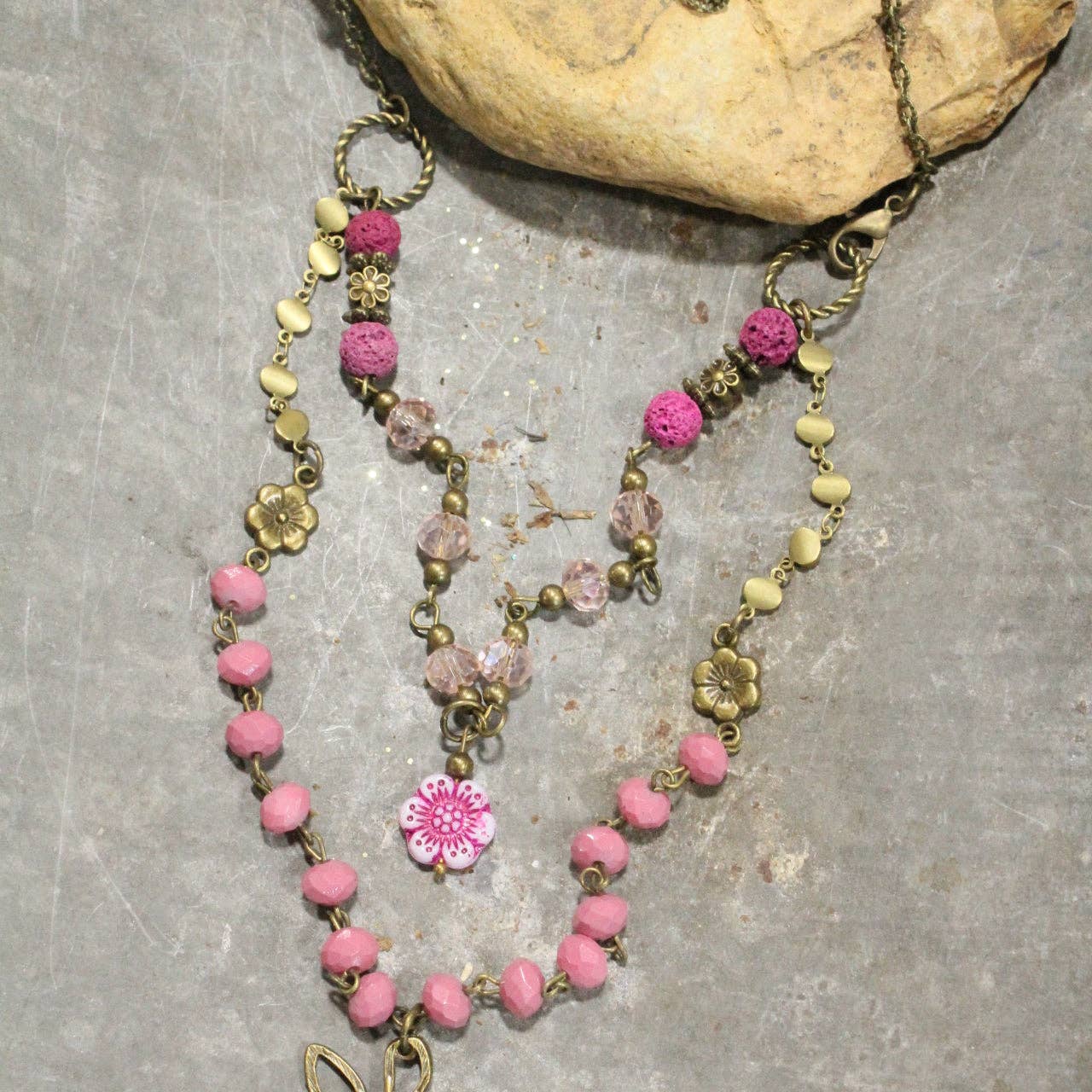 Flower Power Pendant Czech Pink Beads Layered Necklace