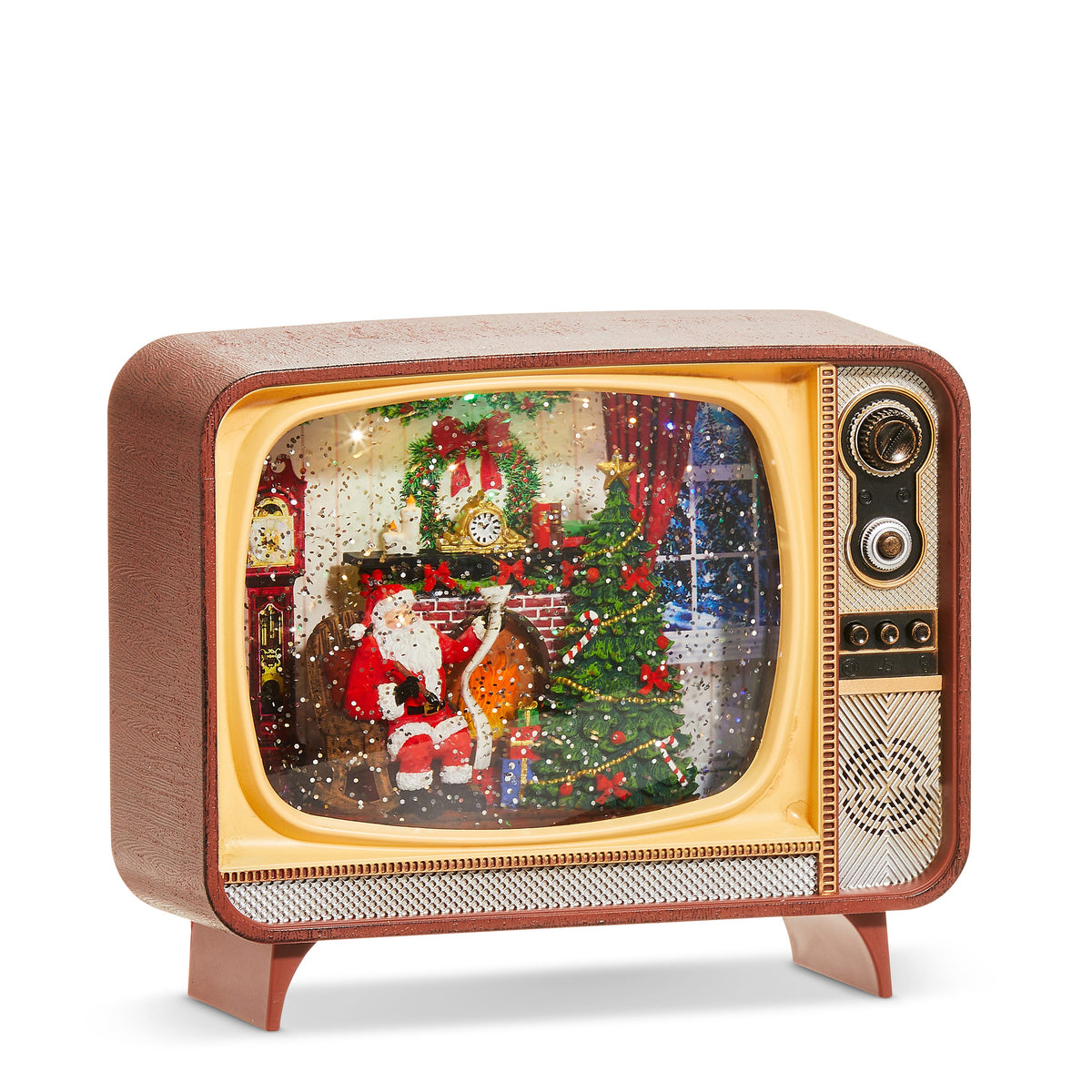 Fireplace Santa Musical Lighted Water TV, A vintage-style television shaped water lantern showing a glitter filled scene of Santa reading a list by a decorated fireplace and Christmas tree.