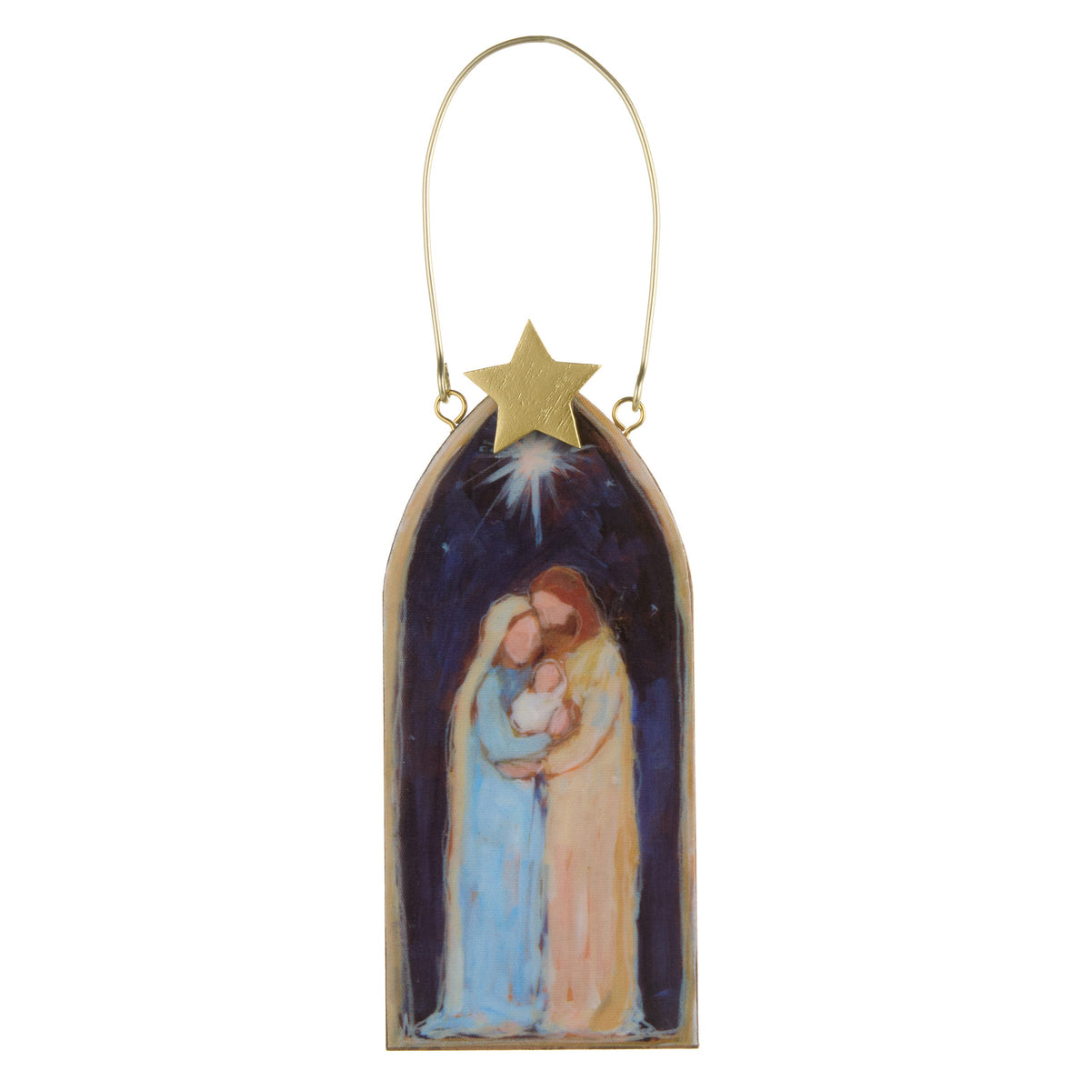 First Christmas Ornament, An arch-shaped ornament printed with an image of the Holy Family beneath a star, topped with a gold star accent.
