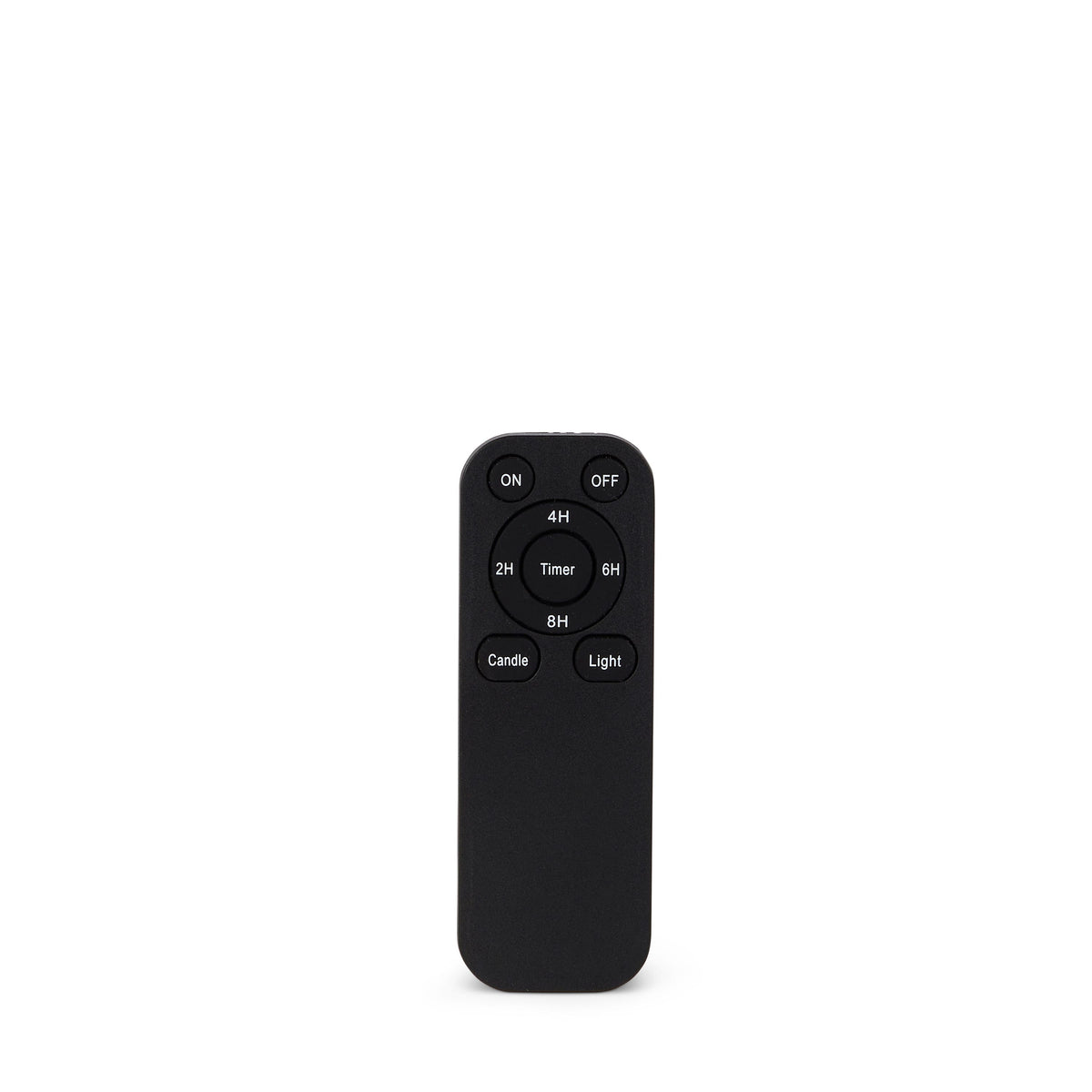 Flameless Candle Remote Control with Timer, A black handheld remote with nine labeled keys: On and Off at the top, a round Timer key ringed by 2H, 4H, 6H and 8H, and Candle and Light keys below.