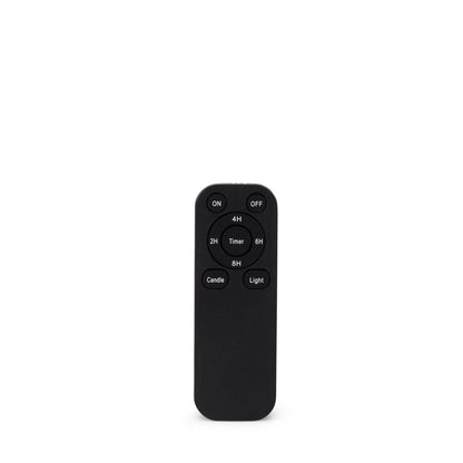 Flameless Candle Remote Control with Timer, A black handheld remote with nine labeled keys: On and Off at the top, a round Timer key ringed by 2H, 4H, 6H and 8H, and Candle and Light keys below.