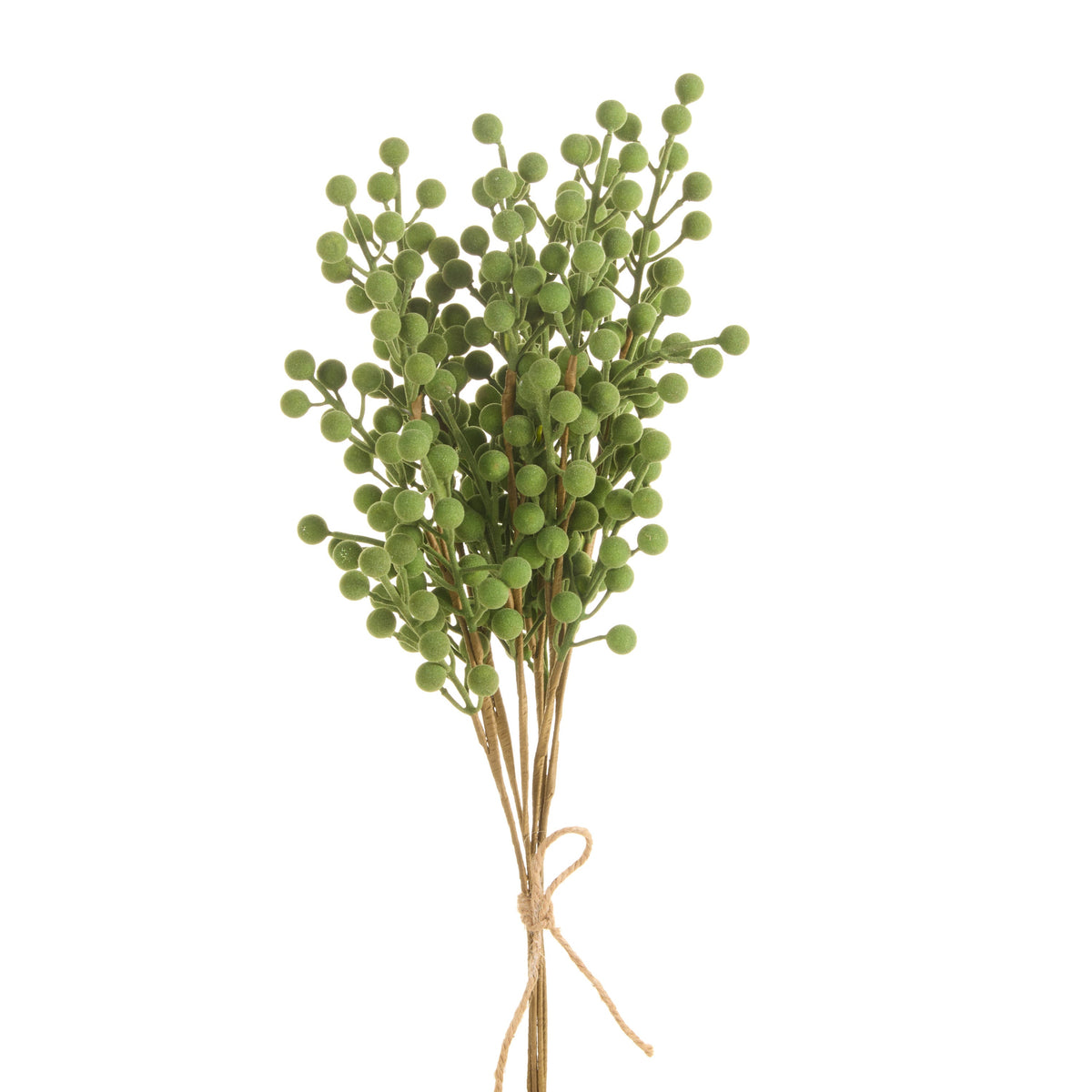 Flocked Green Berry Bundle, The photo shows several flocked green berry stems gathered into one bundle and tied at the base with jute twine.