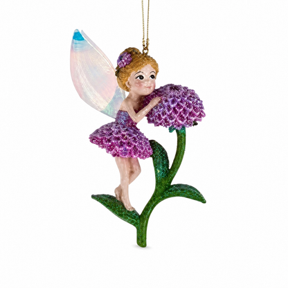 Flower Fairy Christmas Ornament, Purple Mum design: in purple petals, a purple flower in her hair, hugging a round bloom