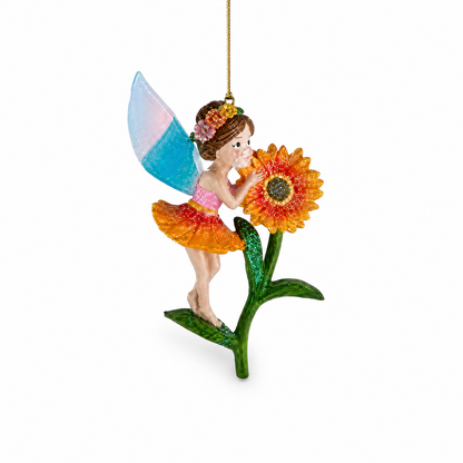 Flower Fairy Christmas Ornament, Orange Daisy design: in an orange skirt and a flower crown, her face to the daisy