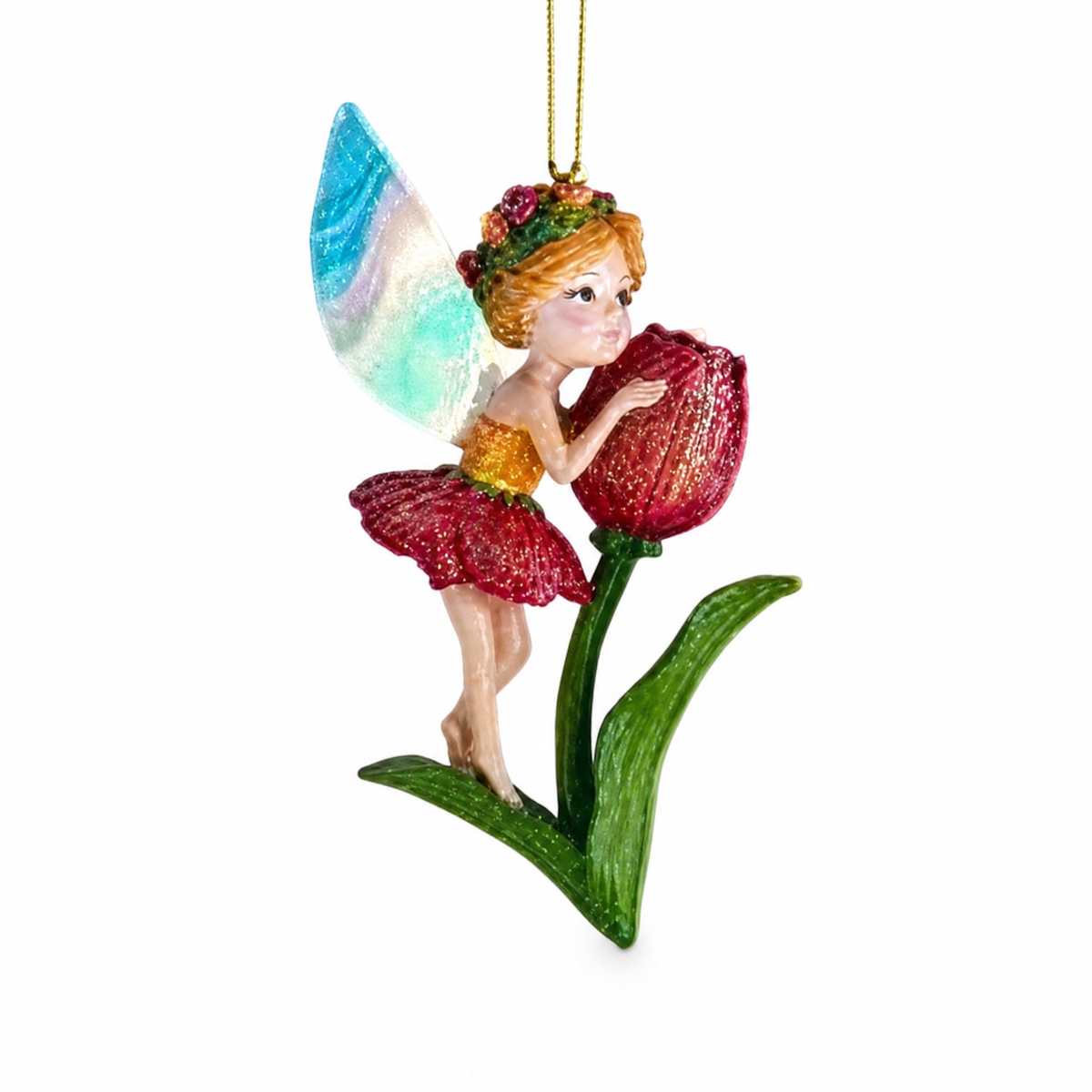 Flower Fairy Christmas Ornament, Red Tulip design: in red with a flower wreath, holding a closed tulip