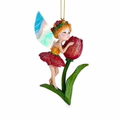 Flower Fairy Christmas Ornament, Red Tulip design: in red with a flower wreath, holding a closed tulip