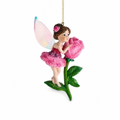 Flower Fairy Christmas Ornament, Pink Rose design: in ruffled pink, a rose in her hair, cupping the rose