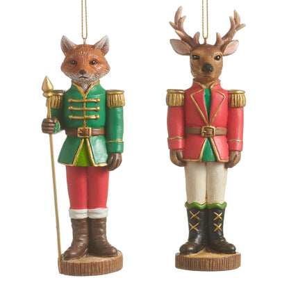 Fox or Deer Nutcracker Ornament, Two painted resin nutcracker ornaments on gold cords, a fox in a green coat holding a gold scepter and an antlered deer in a red coat with cream trousers.