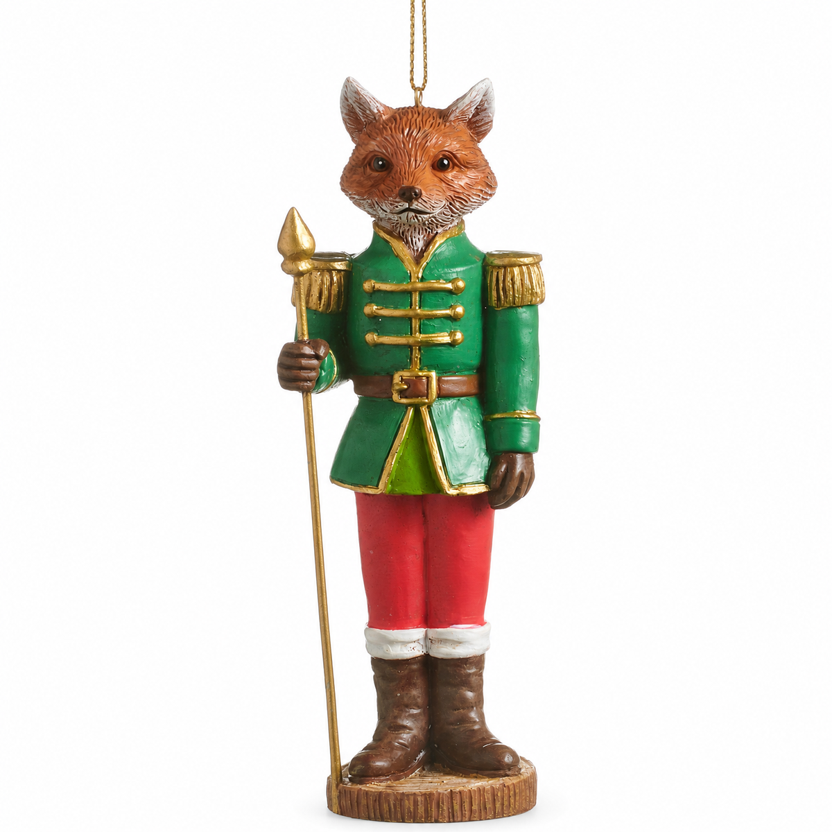 Fox or Deer Nutcracker Ornament, Fox Nutcracker design: green coat with gold trim, red trousers and a gold scepter; 1.75 inches long, 1.25 inches wide, 5 inches high