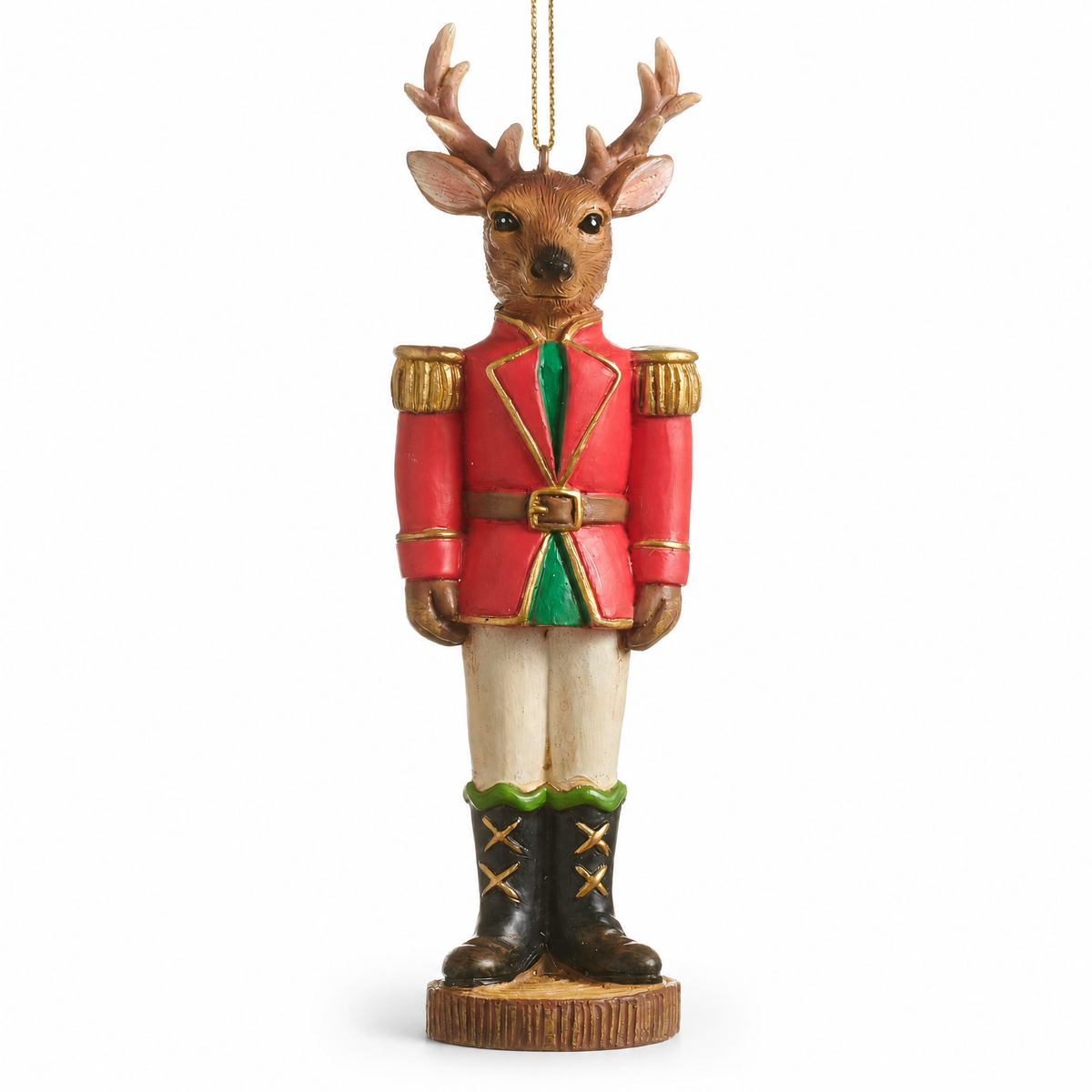 Fox or Deer Nutcracker Ornament, Deer Nutcracker design: antlers, red coat with gold trim, cream trousers and black laced boots; 1.75 inches long, 1.25 inches wide, 5.5 inches high