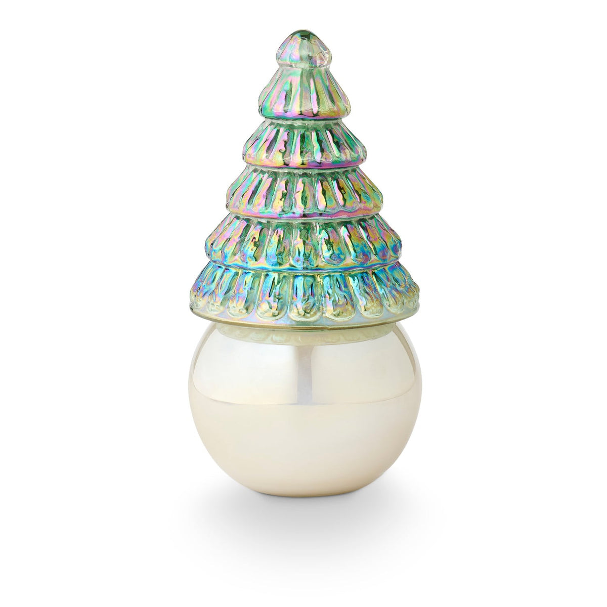 Fresh Balsam Pearl Tree Candle, A pearly white glass candle jar is topped with an iridescent green glass lid shaped like a tiered Christmas tree.